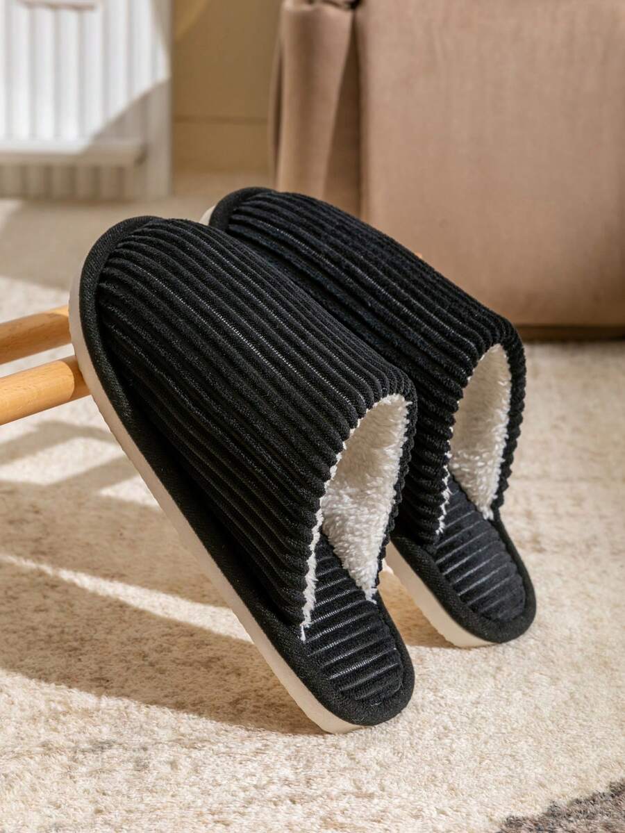 Men's Corduroy Striped Slippers Indoor Bedroom Living Room Couple House Shoes Comfortable Autumn Winter Warm Home Casual Footwear