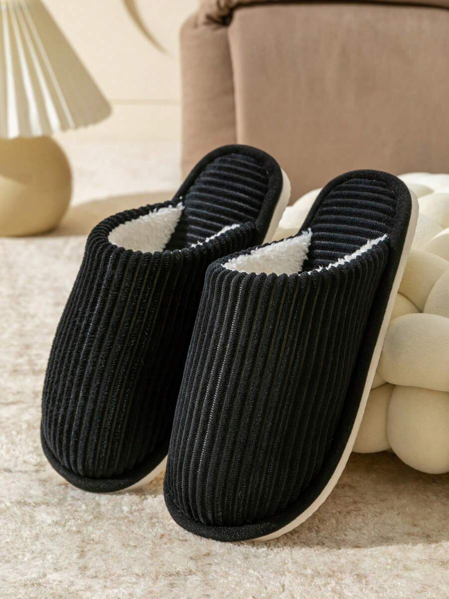 Men's Corduroy Striped Slippers Indoor Bedroom Living Room Couple House Shoes Comfortable Autumn Winter Warm Home Casual Footwear