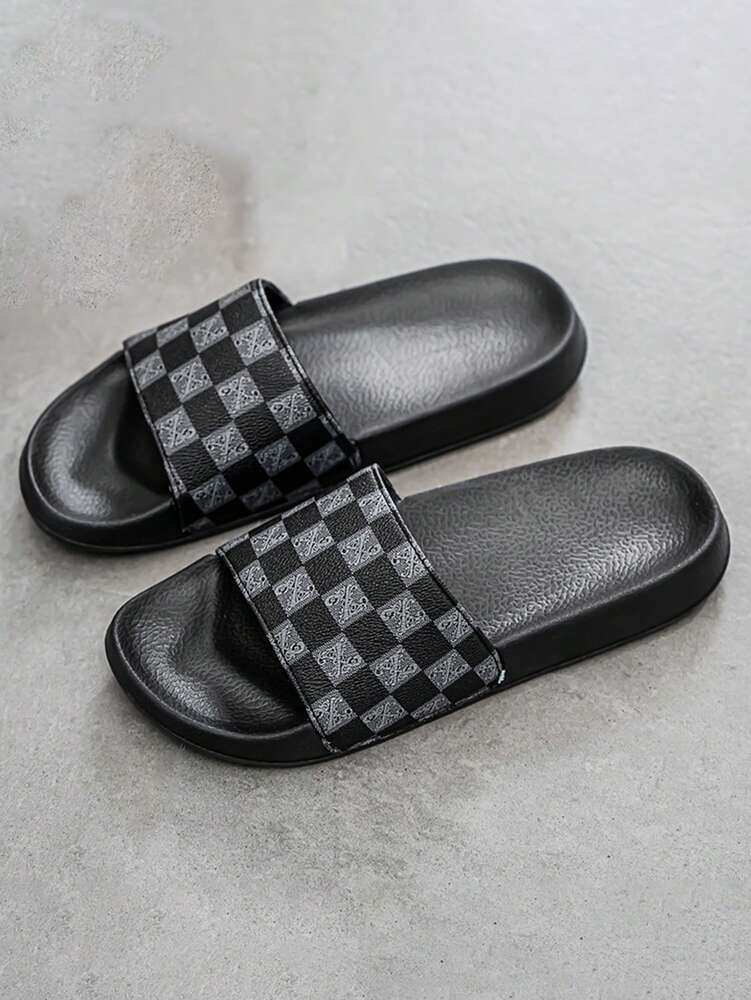 Men's Checkered Casual Slippers Breathable Durable House Shoes Comfortable Home Bathroom Beach Indoor Outdoor Sandals Summer Wear