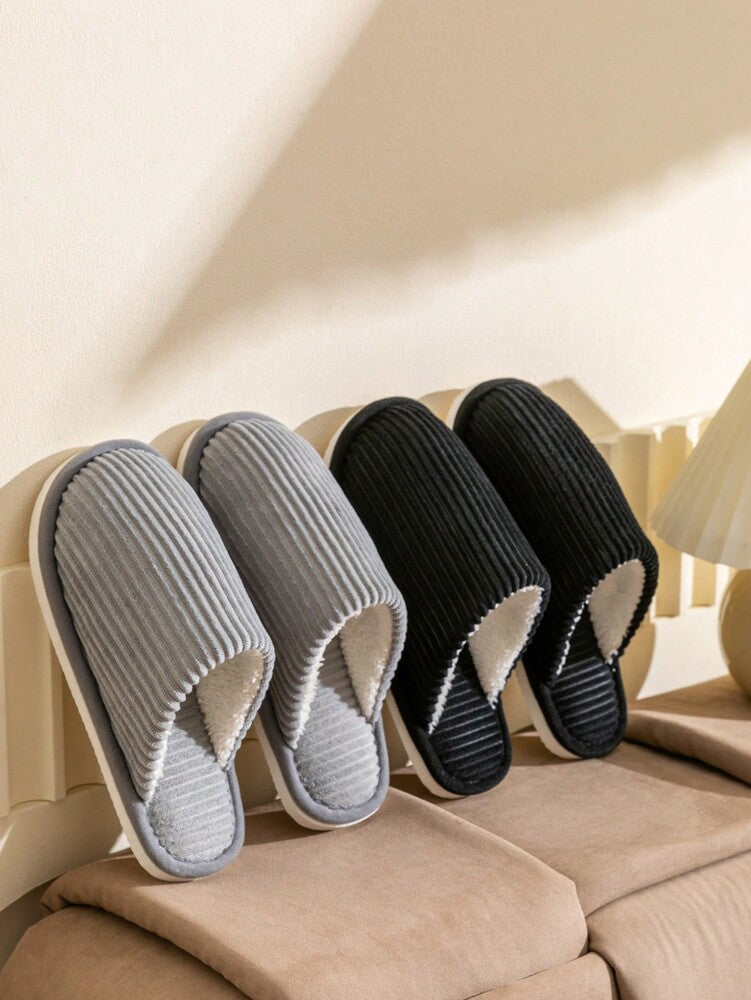 Men's Corduroy Striped Slippers Indoor Bedroom Living Room Couple House Shoes Comfortable Autumn Winter Warm Home Casual Footwear