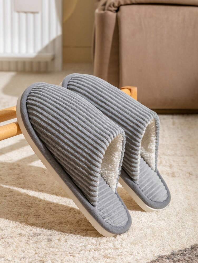 Men's Corduroy Striped Slippers Indoor Bedroom Living Room Couple House Shoes Comfortable Autumn Winter Warm Home Casual Footwear