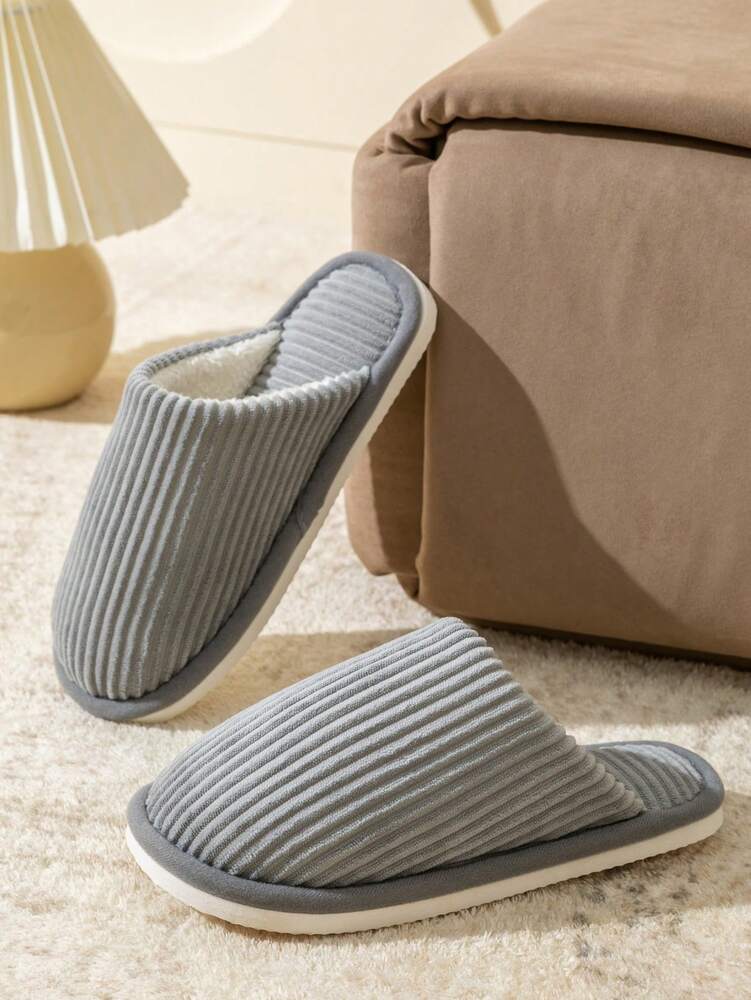 Men's Corduroy Striped Slippers Indoor Bedroom Living Room Couple House Shoes Comfortable Autumn Winter Warm Home Casual Footwear