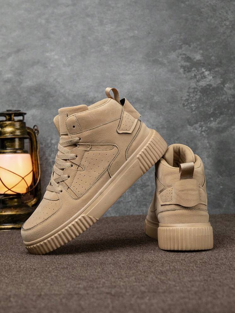 Men's Vintage Patchwork High Top Sneakers Lace Up Solid Color Casual Shoes Comfortable Versatile Outdoor Fashion Couple Sports Wear