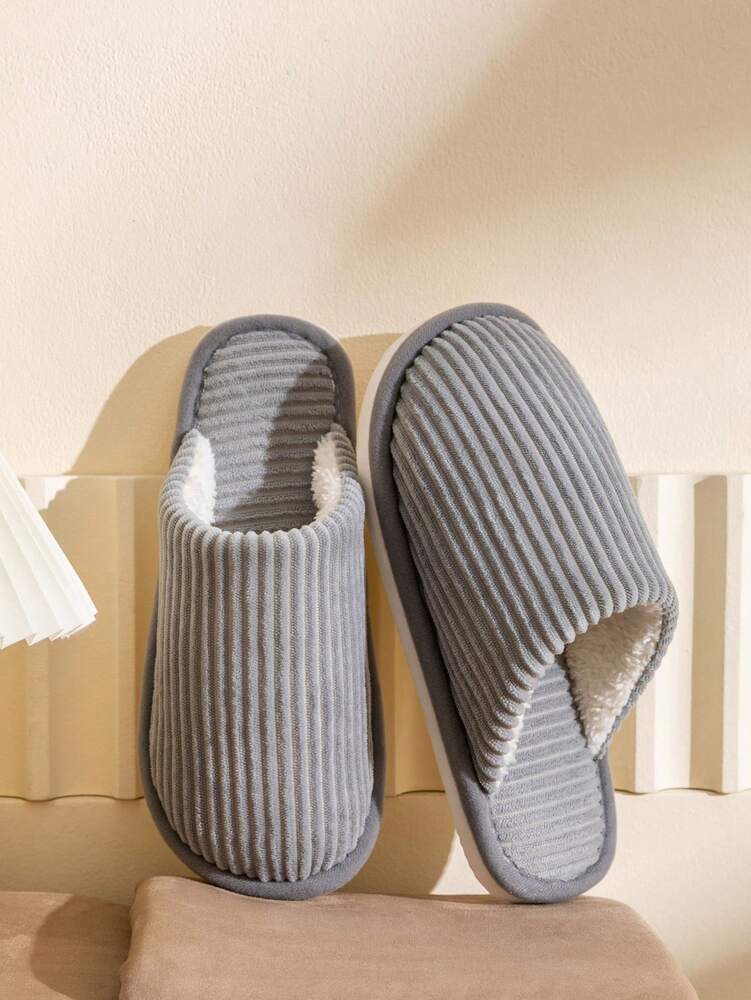 Men's Corduroy Striped Slippers Indoor Bedroom Living Room Couple House Shoes Comfortable Autumn Winter Warm Home Casual Footwear