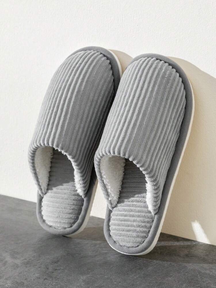 Men's Corduroy Striped Slippers Indoor Bedroom Living Room Couple House Shoes Comfortable Autumn Winter Warm Home Casual Footwear