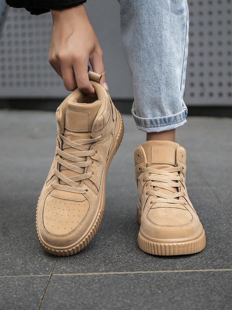 Men's Vintage Patchwork High Top Sneakers Lace Up Solid Color Casual Shoes Comfortable Versatile Outdoor Fashion Couple Sports Wear