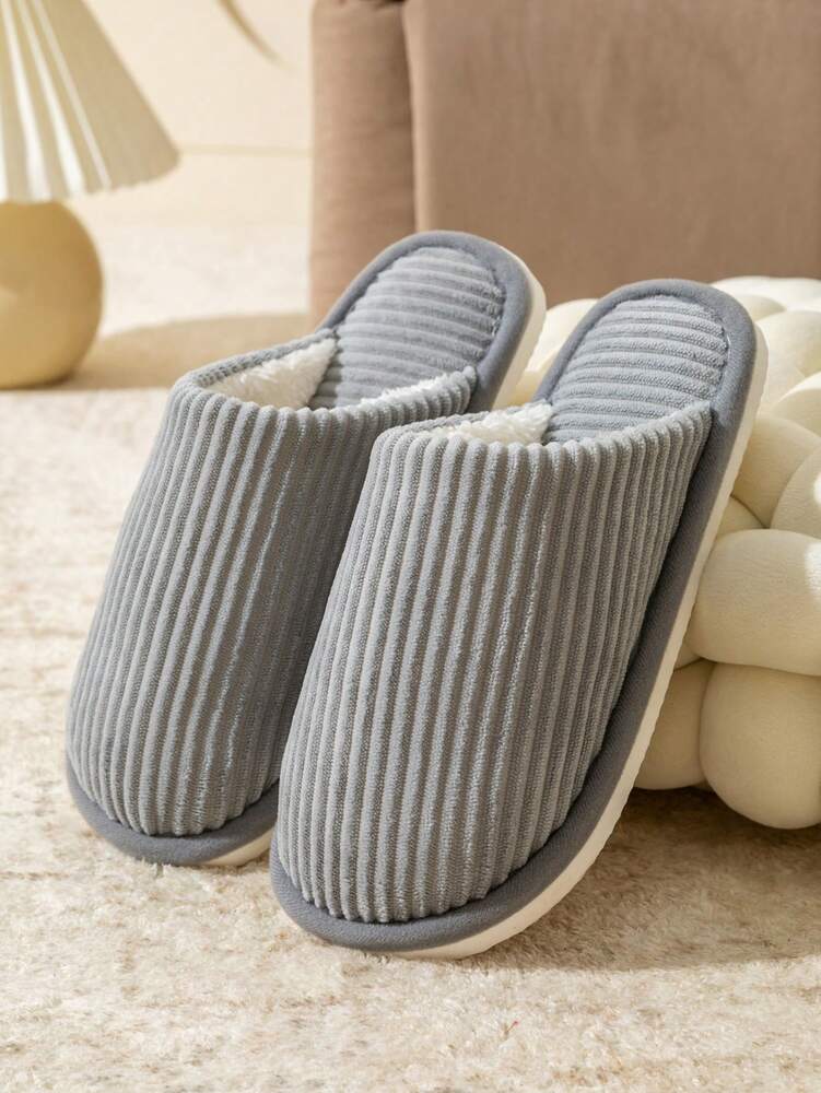 Men's Corduroy Striped Slippers Indoor Bedroom Living Room Couple House Shoes Comfortable Autumn Winter Warm Home Casual Footwear