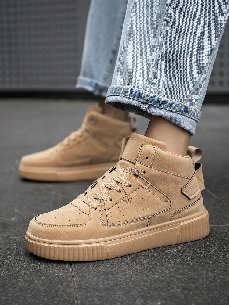 Men's Vintage Patchwork High Top Sneakers Lace Up Solid Color Casual Shoes Comfortable Versatile Outdoor Fashion Couple Sports Wear