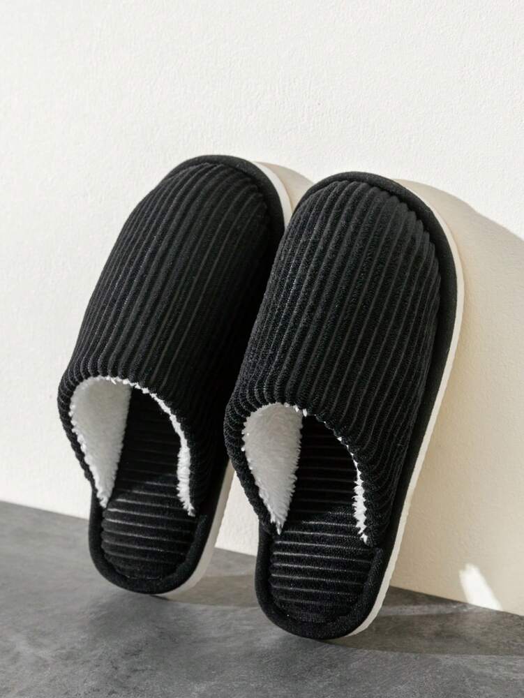 Men's Corduroy Striped Slippers Indoor Bedroom Living Room Couple House Shoes Comfortable Autumn Winter Warm Home Casual Footwear