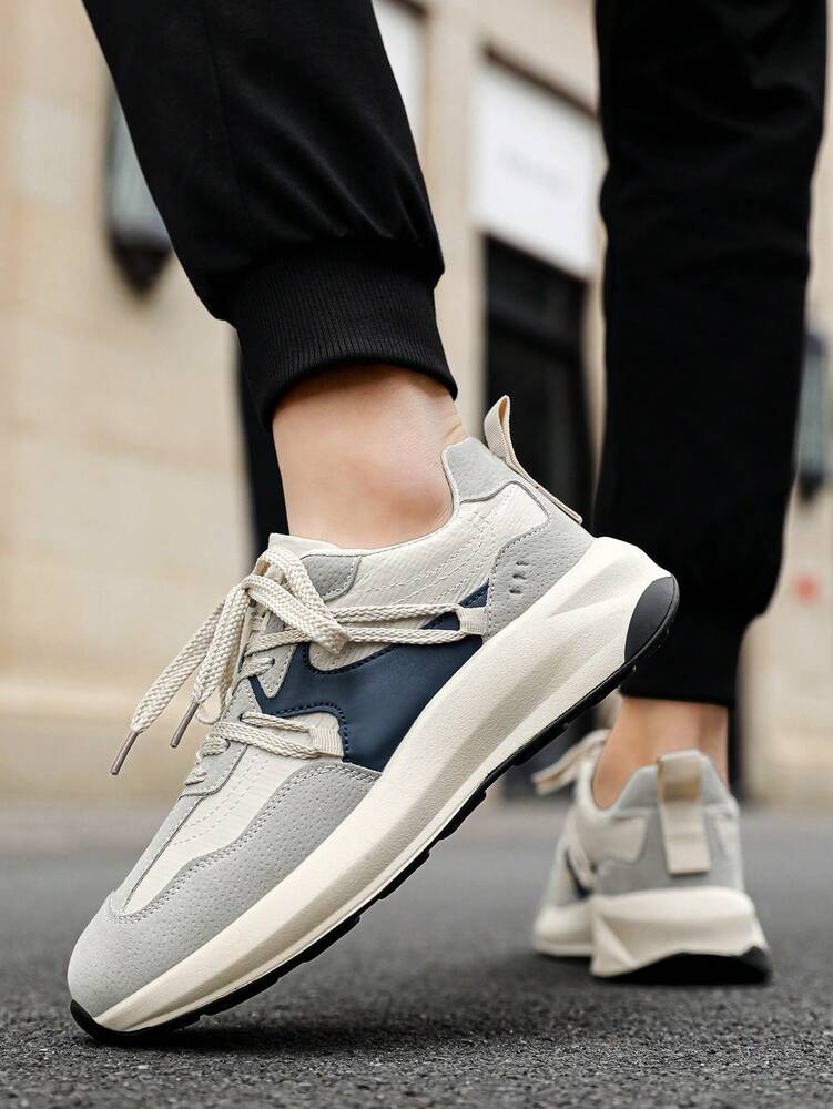 Men's Contrast Color Sports Sneakers Comfortable Versatile Casual Outdoor Lace Up Athletic Shoes Simple Everyday Running Footwear