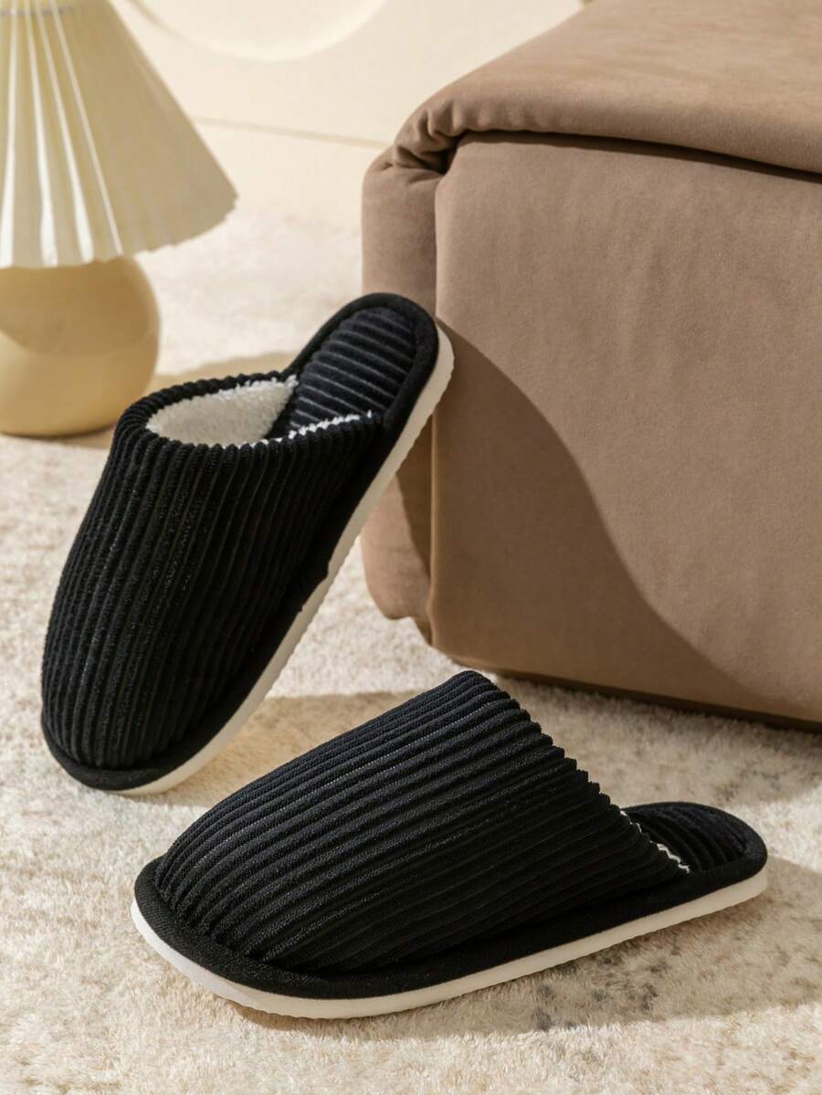 Men's Corduroy Striped Slippers Indoor Bedroom Living Room Couple House Shoes Comfortable Autumn Winter Warm Home Casual Footwear