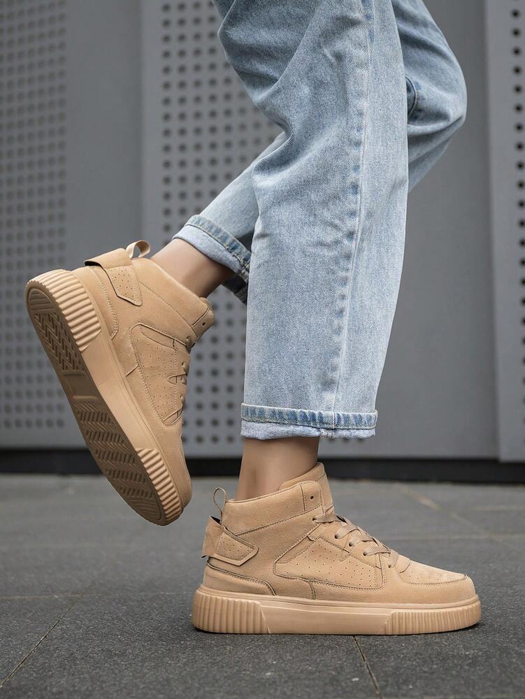 Men's Vintage Patchwork High Top Sneakers Lace Up Solid Color Casual Shoes Comfortable Versatile Outdoor Fashion Couple Sports Wear